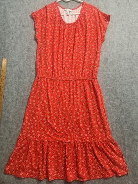 D&Co Denim & Company Red Floral Print Midi Dress Women's Medium Short Sleeve